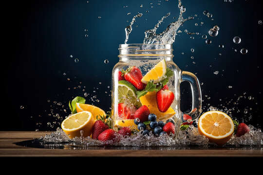 Flavored fruits infused water in a jar with blue background