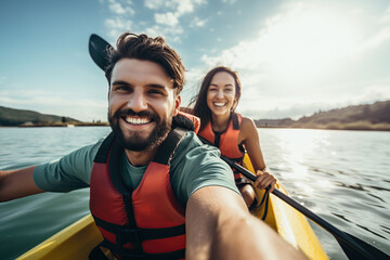 Young couple kayaking on lake - obrazy, fototapety, plakaty