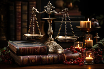 Antique Balance Law Scale with Books on a Table extreme closeup. Generative AI