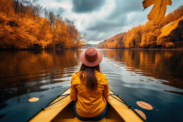 Back view of woman kayaking on lake - obrazy, fototapety, plakaty