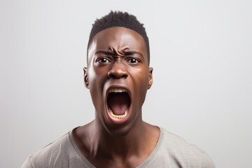 Portrait of african american angry man screaming on white background - obrazy, fototapety, plakaty