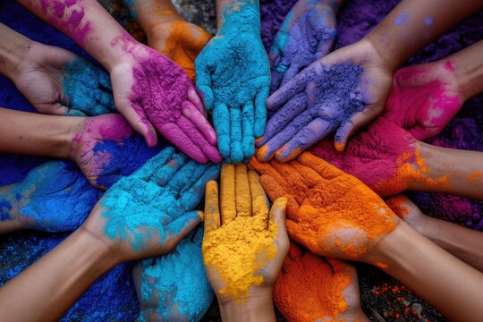 Hands covered in vibrant holi colors, coming together in a symbol of unity.
