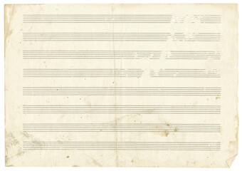 Vintage shabby dirty blank sheet of musical notebook in a line for writing notes. Five-line staff...