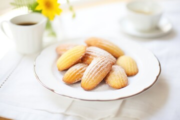 madeleines on white plate with powdered sugar dusting