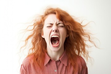 Portrait of young angry woman screaming on white background - obrazy, fototapety, plakaty