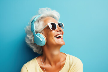 Mature woman listening musical track in headphones on blue background
