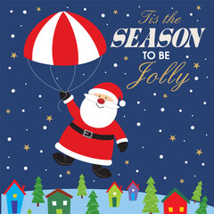 christmas card with santa claus and parachute
