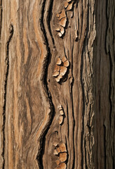 Close-up photo of a brown, smooth tree bark with cracks and plain wood texture. Emphasizing the embossed texture of an oak tree's bark.