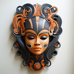 Beautiful Spirit African Woman Wooden Mask on the Wall extreme closeup. Generative AI.