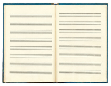Opened blank pages of musical notes in a music notebook. Five-line staff without a key. Vintage music note pages. Music notation elements for design. - Powered by Adobe
