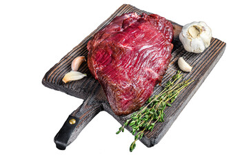 Venison raw deer meat on a cuuting board with herbs.  Transparent background. Isolated.