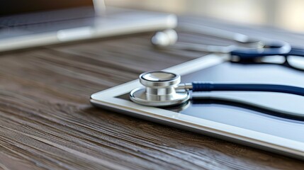 Stethoscope and tablet pc on wooden grunge table. Close-up. Copy space.