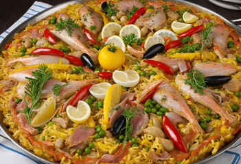 Traditional Spanish paella with a mix of meat, bell peppers, and fresh vegetables