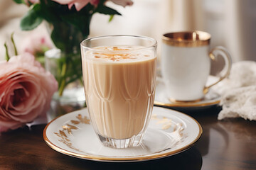 Creamy coffee in a glass, a delicious morning treat