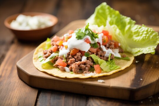 bean tostada with lettuce, cheese, and sour cream on rustic wood
