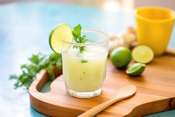 Fototapeta premium refreshing agua fresca in a glass with sliced cucumbers