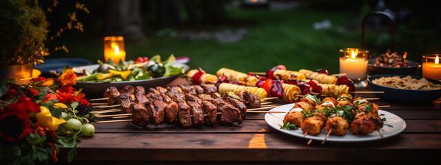 grilled meat outdoors on a picnic table - obrazy, fototapety, plakaty
