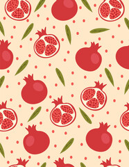 Pomegranate pattern with leaves on peach background.