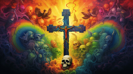 A jesus cross with a skull in rainbow colors - Powered by Adobe