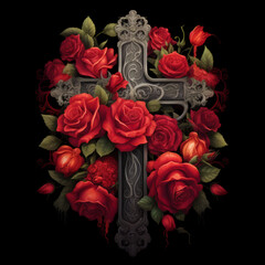 A jesus cross with red roses 
