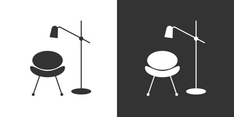 Floor lamp and chair icon. Black and white version