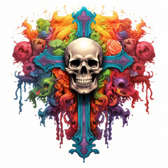 A jesus cross with a skull in rainbow colors