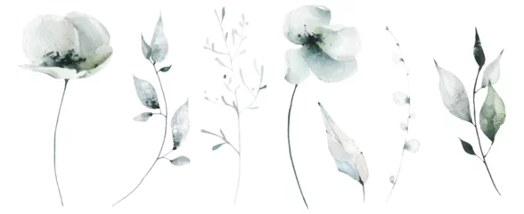 Foto op Plexiglas Watercolor floral set of blue, gray, turquoise poppy, rose, peony flowers. Traced vector watercolour clipart drawing. © satika