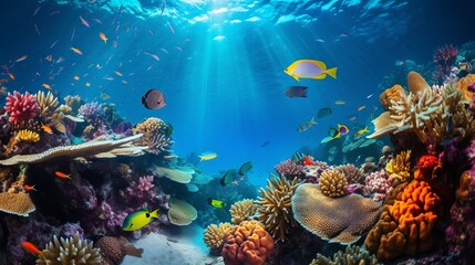 Naklejka na ściany i meble Mesmerizing Underwater Scene with Coral Reefs and Colorful Fish AI Generated