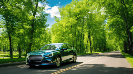 The car is driving along the road against a background of green trees and blue sky. A car on the...