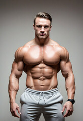 Fototapeta na wymiar Muscular man striking a pose in the gym. Full body shot.