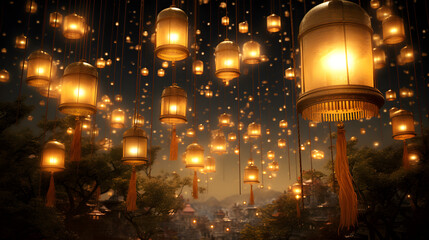 Obraz na płótnie Canvas Golden lanterns illuminate a street celebration