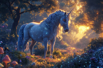 Obraz na płótnie Canvas A Glittering White Unicorn in a Magical Forest with Mystical Mushrooms