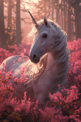 Fototapeta premium Whispers of Wonderland - A White Unicorn Amidst Pink Flowers in Rosy Mist