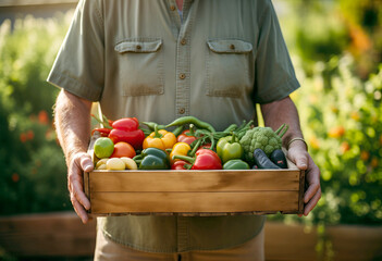 Person carrying a wooden box with self cultivated organic vegetables