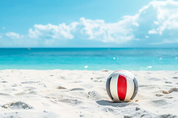 Beach Volleyball. Sport composition with volleyball ball on sand beach against seashore background...