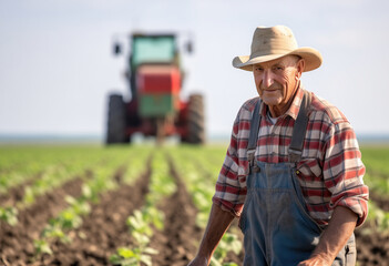 Old farmer next to a tractor in a cultivated field