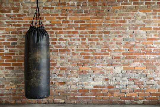 Black sandbag against grungy brick wall with empty area