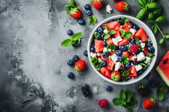 Top view of patriotic salad with blueberries feta and watermelon on gray background for USA Independence Day