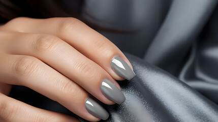 Beautiful female hand with manicure with gray varnish