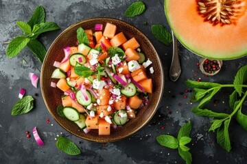Top down view of fresh cantaloupe salad with cucumber feta pickled onions and mint
