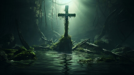 A jesus cross in sunken old forest - obrazy, fototapety, plakaty