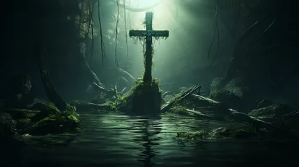 Fotobehang A jesus cross in sunken old forest © Andreas