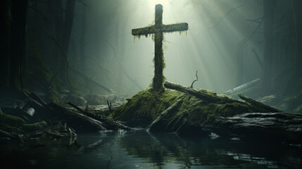 Naklejka premium A jesus cross in sunken old forest