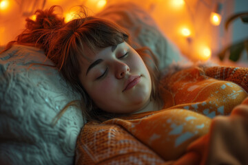 Young beautiful plus size woman lying on bed sleeping at bedroom