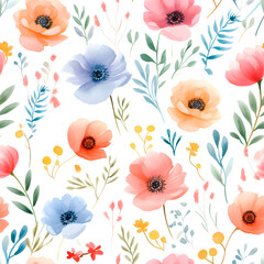 Watercolor flowers pattern, red, pink and blue elements, green leaves, white background. Design for fashion , fabric, textile, wallpaper, cover, web , wrapping and all prints.