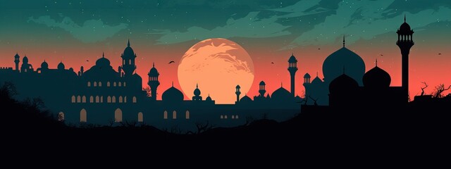 Panorama view of India with Taj Mahal at starry night. Night ancient arab city in desert, east architecture in oasis. Happy Independence Day of India. Travel and tourism concept - obrazy, fototapety, plakaty