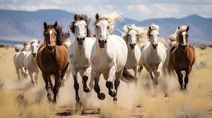 A Pack of Wild Horses Galloping Across an Open Plain AI Generated - obrazy, fototapety, plakaty