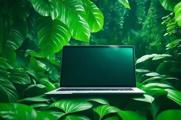 Craft a scene in a science fiction novel where a character stumbles upon a mysterious laptop in a jungle, unlocking its hidden potential.
