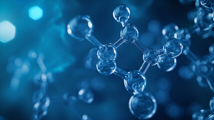 3d molecules on a blue background close-up - obrazy, fototapety, plakaty