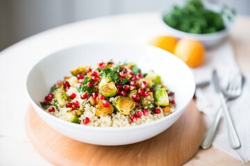 quinoa and roasted brussels sprouts bowl with pomegranate seeds